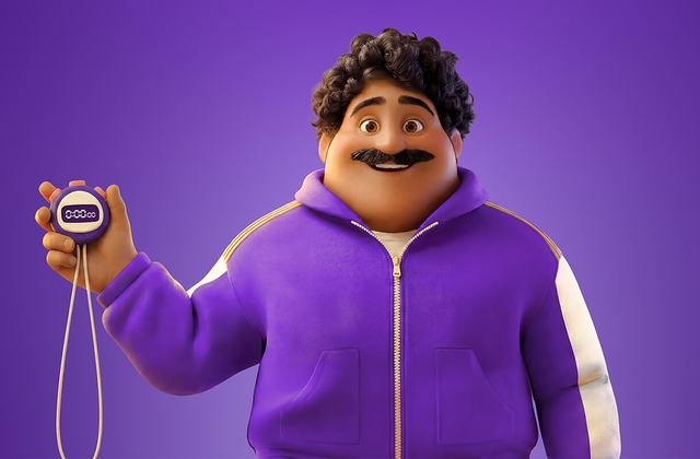 Colin holding his stopwatch on a purple background